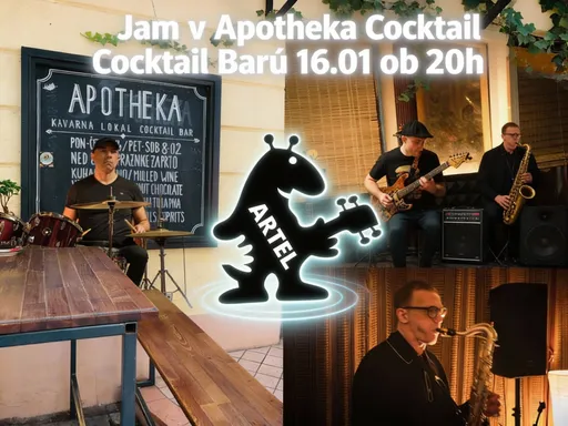 Prompt: Act as a professional digital designer who has the task to make an excellent GIF file intended to call people for a small music venue located in Slovenia, so the final language type has to be in Slovene. Merge 3 uploaded file pictures, or anate them in order to visually make them smooth with harmonical collours among them. Fill free to used effects such as 360 rotation of the files named ´Artel´ and use the background file named ´Apotheka-Cocktail-Bar´. Your task is to make a lightweight GIF file for mobile, where the main calling messages for the music venue are: ˝Jam˝ at ¨Apotheka-Cocktail-Bar˝, when: ˝16.01 ob 20h˝, band: ˝Artel˝. Ffeel free to add effects as 360 degrees rotation of the file named Artel onto the background file named Apotheka-Cocktail-Bar. Convert the picture files into a lightweight if necessary. Make a 3 seconds final downloadable GIF lightweight file. Animate the scene with a dynamic montage of logo file named ˝Artel by rotating it 360 degress once to the left then next to the right spining. Set the file frame ¨Artel˝  a lower frame dimenssions, in example by reducing by 60% of the previous dimensions so that the backgound file is bigger. Highlight the ‘ARTEL’ logo with a subtle glow that pulses in sync with the music. The text overlay 'Jam v Apothek Cocktail Barú 16.01 ob 20h' appears with a fading effect at the top. Set the ambiance with a warm lighting effect, simulating a live performance atmosphere.