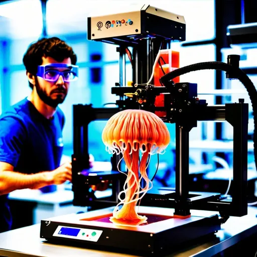 Prompt: Photograph of a 3d printer printing a real jellyfish with a scientist in the background waiting for the printing to complete