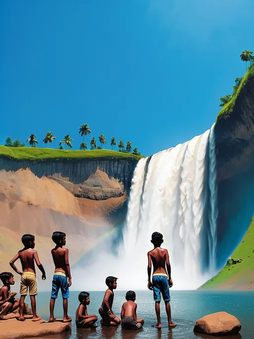 Prompt: a boy standing in the water near a waterfall with people standing around him and a blue sky above him, Anthony Devas, samikshavad, jayison devadas, a picture