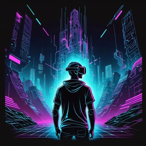 Prompt: A hacker wearing a VR headset and diving into a virtual reality landscape, Cyberpunk style, cyberspace exploration, hacking culture, neon lighting, T-shirt design graphic, vector, contour, black background