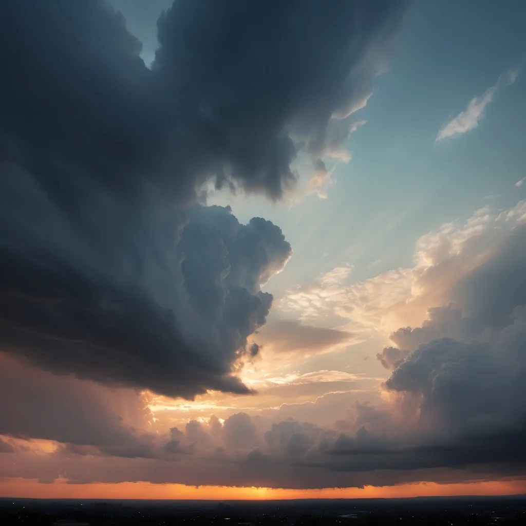 Prompt: Cloudy sky, dramatic, sunset, moody, atmospheric, panoramic, soft hues, --ar 1:1