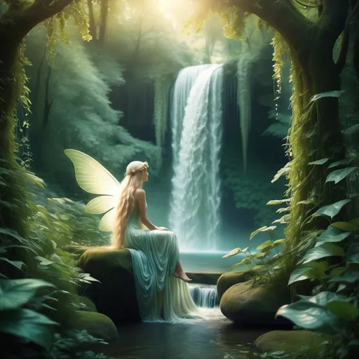 Prompt: Whimsical, ethereal landscape with a cascading waterfall amidst lush foliage, Art Nouveau inspiration, high-quality, dreamy, surreal, serene ambiance :: 1.2 fairy nymph, flowing hair, translucent wings, enchanted forest, soft sunlight, mystical aura, nature's harmony --ar 16:9