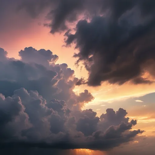 Prompt: Cloudy sky, dramatic, sunset, moody, atmospheric, panoramic, soft hues, --ar 1:1