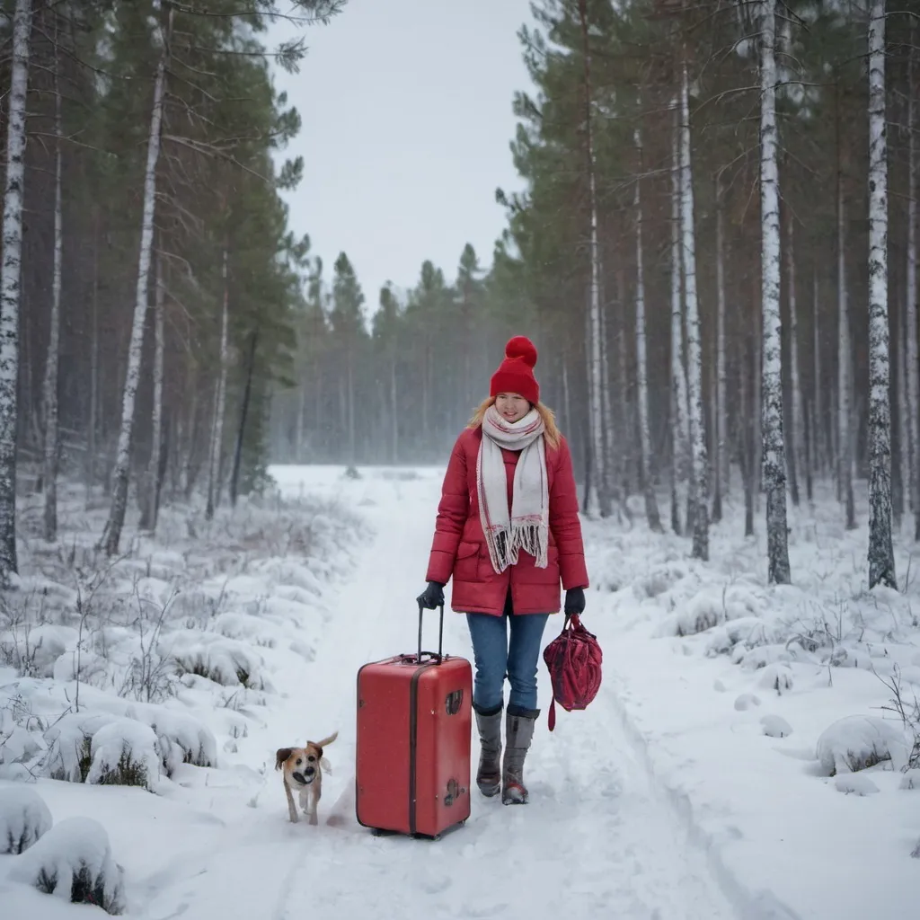 Prompt: a woman is walking in a snowy day in a remote area in Finland with her dog. She is wearing a red hat and scarf with a big suitcase.
