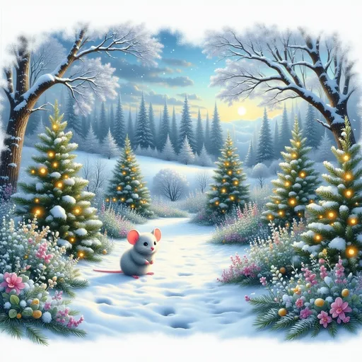 Prompt: ultra realistic digital painting, extremely beautiful scenery, luxurious , tulle, glitter-shine-gloss... very cute kind cartoon little mouse, luxurious winter snowy landscape, fir branches, trees bushes in the snow, , snowflakes, bow ..., in a luxurious palace with greenery, outdoor, fantastic trees and bushes, luxurious palace scenery, white background, well-drawn texture, very detailed, perfect anatomy, charming, highly detailed scale, realism, magical realism, ethereal energy, sharp focus, studio photography, intricate detailing, grunge, hard edges, mega detail, megarealism, highly detailedwell-drawn texture, 3D, UHD