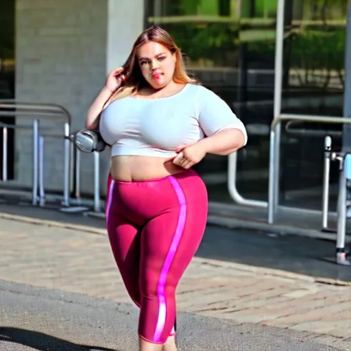 Prompt: Obese bbw plain round faced female leggings crop top 