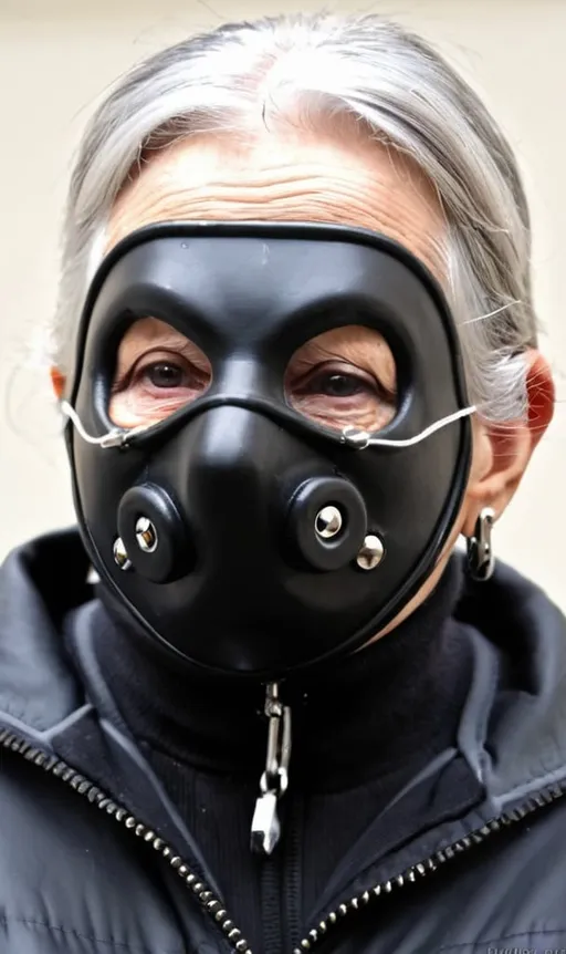 Prompt: Grey hair frail  granny old elderly  rubber gimp mask enclosed face padlocked zips zip zipper zippers studded studs screws bolts fat bloated round face 