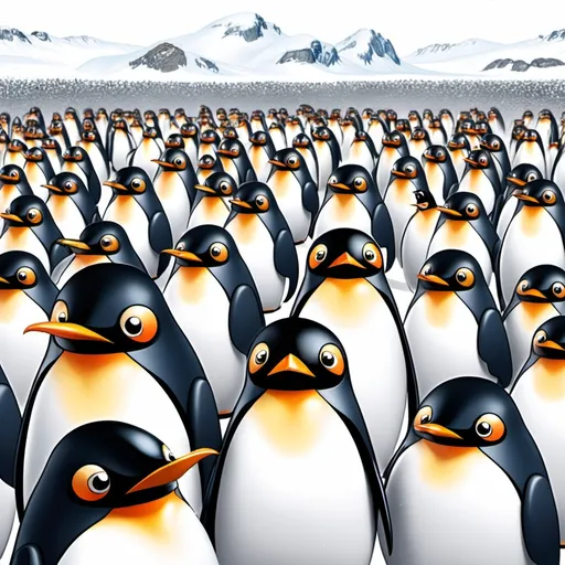 Prompt: One big penguin in a group of 20 cute penguins of the same size