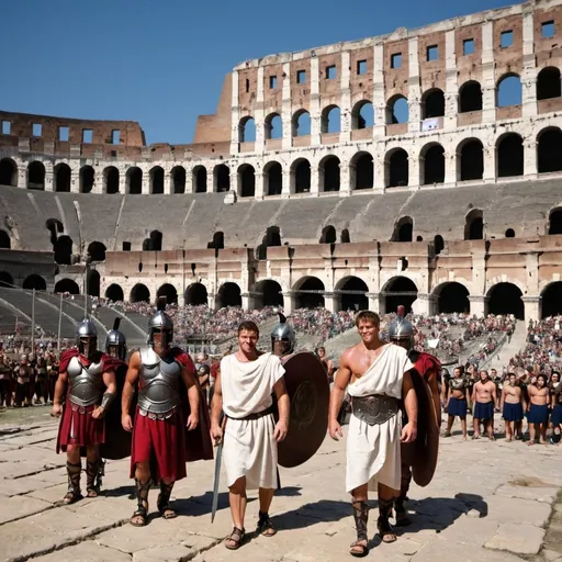 Prompt: Romans wearing togas and some gladiators are standing outside the coliseum. A large sign says “ENTRY 10 XLM