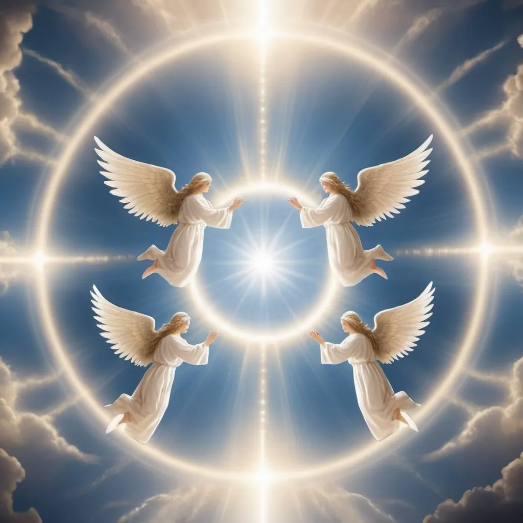 Prompt: Angelic beings flying in a circle towards a pair of heavenly eyes