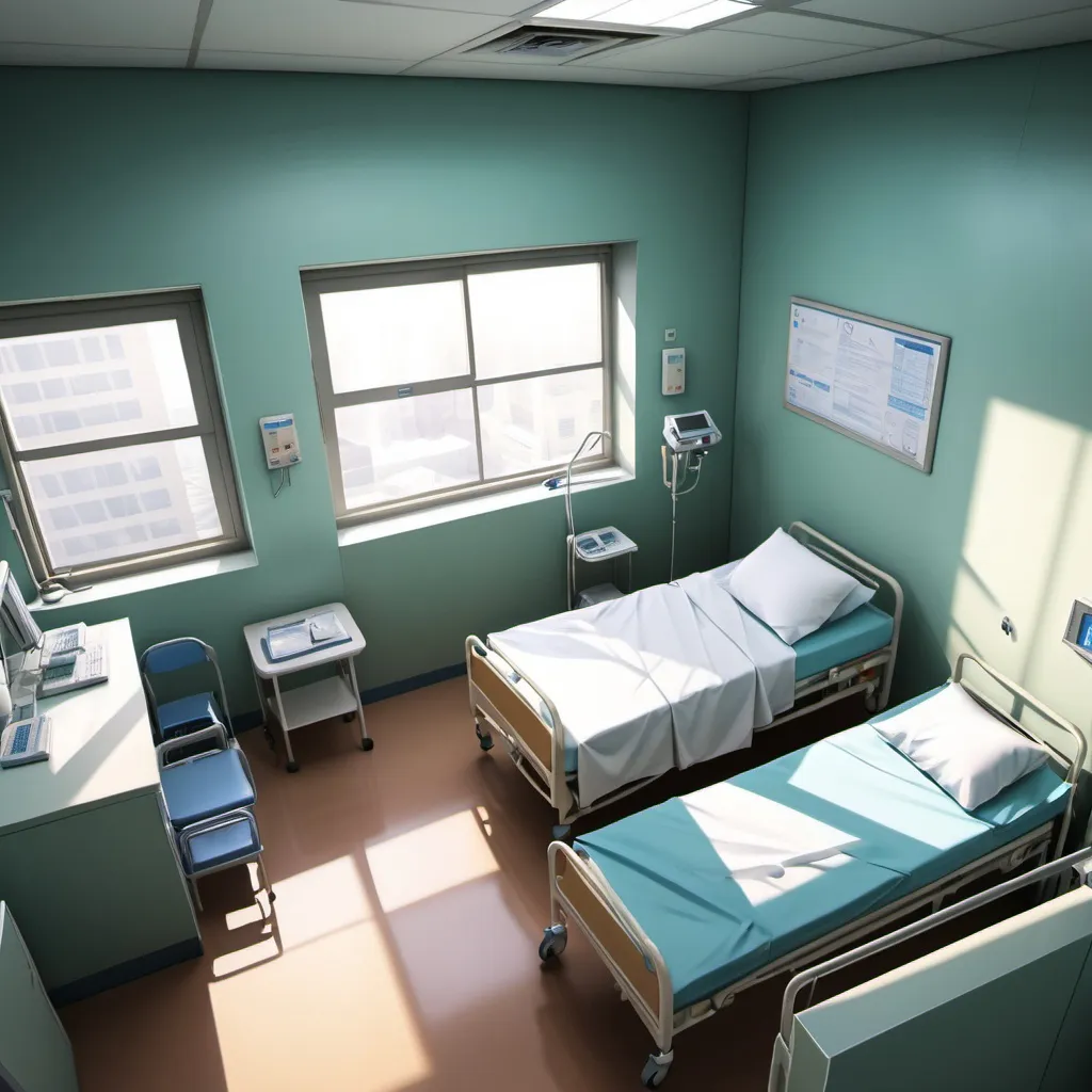 Prompt: Hospital room, really high angle shot, one bed, one window, anime style