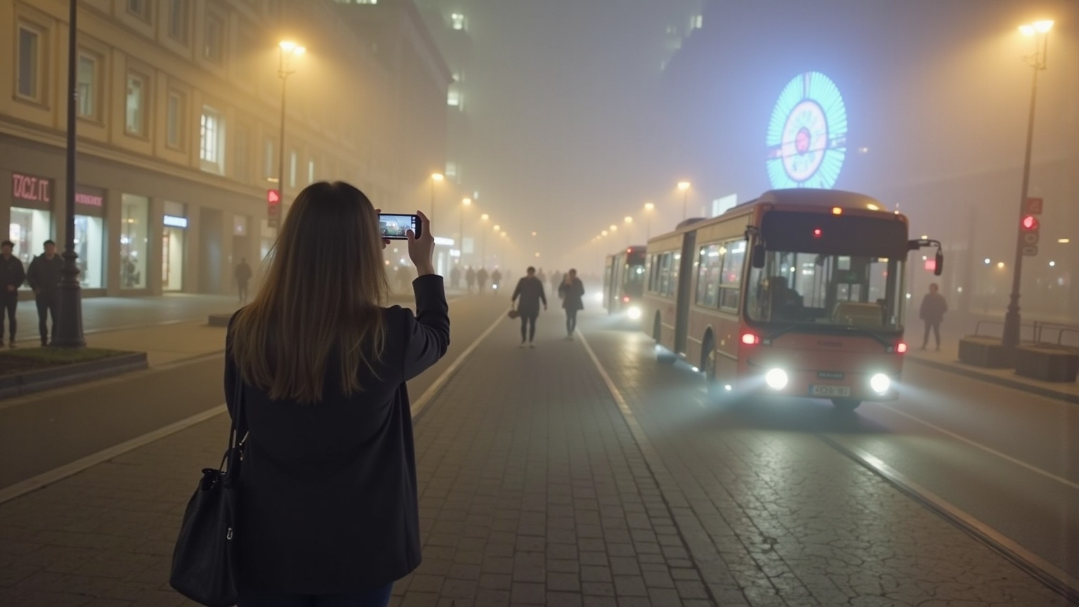Prompt: a woman taking a selfie in front of a bus on a foggy night in a city with neon lights, Dariusz Zawadzki, viennese actionism, volumetric fog, a flemish Baroque