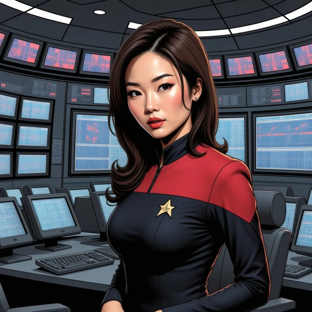 Prompt: connie dressed in the red and black star trek TNG uniform inside of the USS Enterprise 