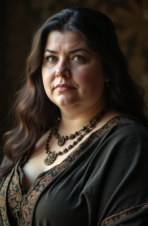 Prompt: A beautiful, yet overweight nordic woman in her 40s, with a presence both dignified and slightly tragic, marked by her rich, full figure, soft features, and a lingering melancholy in her eyes, reflecting her secluded life and past sorrows, high detail & quality, 8k, pro photo.