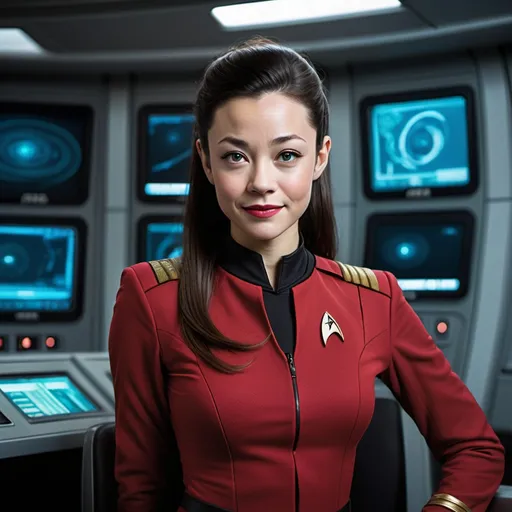 Prompt: 30 year old, Star Trek Red Uniform, Joseph Gordon-Levitt, harness:1.4, [Vietnamese, dark skin, brown hair] 1 girl, full lips, skinny, Bridge Command Center Background, instagram pose, smilling, raw photo, sharp focus on eyes, film grain, magazine cover, high quality, clothing details, fine fabric, full body, art student, (official art, extremely detailed CG unity 8k wallpaper), beautifully detailed eyes, detailed fine nose, detailed fingers, (8k), (best quality), ( masterpiece:1.2), (realistic), ( photorealistic:1.57), extremely detailed handsome gentlebeing,short hair, vintage hair, couture, magazine cover, textless, high quality, clothing details, fine fabric, full body, 8k, cinematic lighting (high detailed skin:1.1) ,Enhance,Miss Grand International,Golden Inspiration