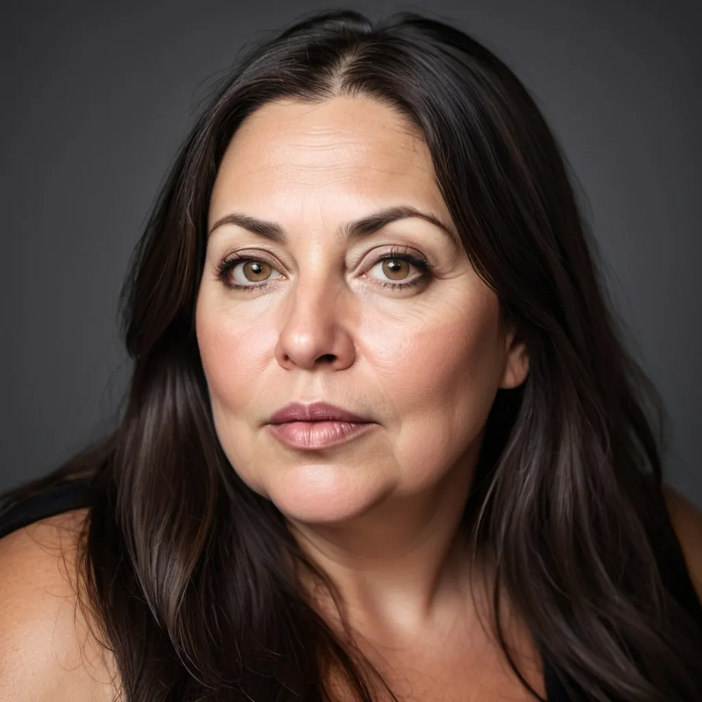 Prompt: WOMAN, ULTRA HIGH RESOLUTION, HD, LONG dark HAIR, 47 YEARS OLD, ROUND FACE, LARGE HAZEL EYES, FULL LIPS, ROUND NOSE, THOUGHTFUL, chubby, MAGAZINE PHOTOSHOOT, 