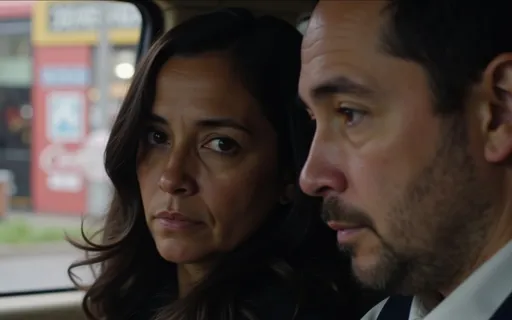 Prompt: This photograph captures a close-up, side-by-side profile of two individuals, a middle aged italian man with beard on the left and a woman on the right, seated in what appears to be a dimly lit vehicle or enclosed space. The woman has medium to dark brown skin, long black hair with subtle waves, and is wearing dark eyeliner and neutral-colored lipstick. She has a serious, slightly concerned expression, looking off to the side with her lips slightly parted. The man, positioned to the right, has light skin, bald hair, beard and is wearing a white shirt with a dark collar. His face is partially in shadow, and he has a neutral to slightly concerned expression, looking forward. The background is blurred but shows a hint of an urban environment with a mix of colors, including reds and blues, suggesting buildings or signage outside the vehicle. The lighting is soft, casting gentle shadows on their faces, and the overall mood of the image is tense or contemplative. The photograph uses a shallow depth of field to focus on the subjects' faces while the background remains out of focus, emphasizing their expressions and emotions.