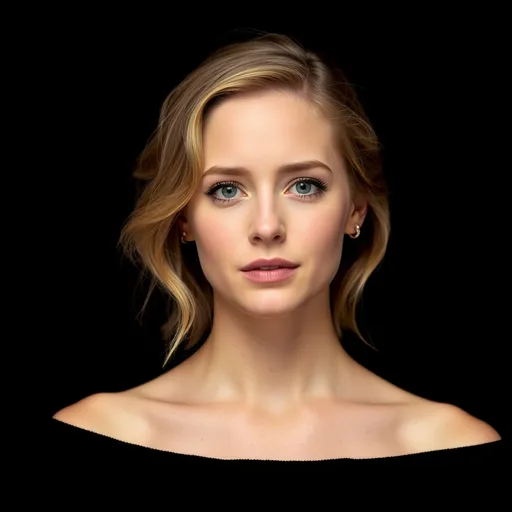 Prompt: Actress Jennifer Lawrence 25 years old. Passport photography, plain black background, soft and even lighting, subject centered and looking directly at the camera, neutral expression, visible shoulders, no accessories like hats or sunglasses, standard 3:4 ratio, sharp photographic detail, professional and clean focus."

