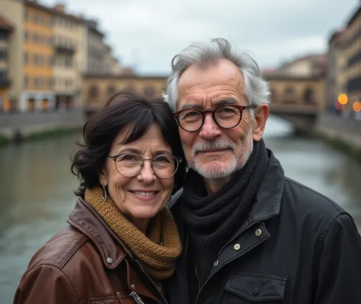 Prompt: a 60 years old couple of lovers with glasses and dark hair standing in front of a river in a city with buildings and a bridge, david rubín, les automatistes, ignacio fernandez rios, a character portrait