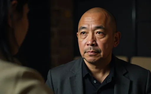 Prompt: This is a photograph of a middle-aged asian man with a light brown complexion and  bald. He is facing slightly to the right, with his eyes looking upward and to the left, giving a contemplative or pensive expression. he has well-defined eyebrows, dark eyeliner, and subtle, natural-looking makeup. His lips are slightly parted, revealing a neutral expression. he is wearing a dark gray, pinstriped blazer over a black top. The background is blurred but appears to be an indoor setting with dark, indistinct shapes, possibly furniture or a window. The lighting is soft and dim, creating a moody atmosphere. The image focuses on his face, which occupies the right side of the frame, while the left side is out of focus, suggesting another person is partially visible but not the main subject. The overall composition and lighting give the photograph a dramatic and introspective feel.