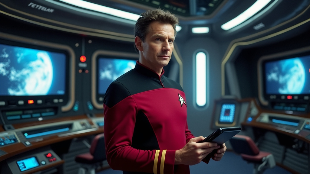 Prompt: a man in his 30s, dressing the Star Trek TNG red uniform and holding a tablet in his hand and looking at the camera with the planet earth in the background, he is in the bridge of a futuristic starship, Canon Eos 5D Mark , 50mm photography 