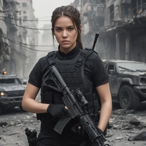 Prompt: Digital concept art, close up portrait, a mercenary girl in black polo shirt, wearing a heavy plate carrier body armor, carrying an assault rifle, weapon at the ready, carrying a backpack, group of soldiers in the background, several black SUV in the background, battle ready, brunette short ponytail, inside destroyed city, cautious face, head facing other way, eyes looking at the buildings, contrast shadow, sun rays, dramatic lighting, hi res, UHD, 8K, 85mm lens, Sony A7R