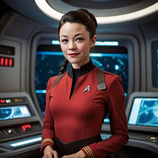 Prompt: 30 year old, Star Trek Red Uniform, Joseph Gordon-Levitt, harness:1.4, [Vietnamese, dark skin, brown hair] 1 girl, full lips, skinny, Bridge Command Center Background, instagram pose, smilling, raw photo, sharp focus on eyes, film grain, magazine cover, high quality, clothing details, fine fabric, full body, art student, (official art, extremely detailed CG unity 8k wallpaper), beautifully detailed eyes, detailed fine nose, detailed fingers, (8k), (best quality), ( masterpiece:1.2), (realistic), ( photorealistic:1.57), extremely detailed handsome gentlebeing,short hair, vintage hair, couture, magazine cover, textless, high quality, clothing details, fine fabric, full body, 8k, cinematic lighting (high detailed skin:1.1) ,Enhance,Miss Grand International,Golden Inspiration