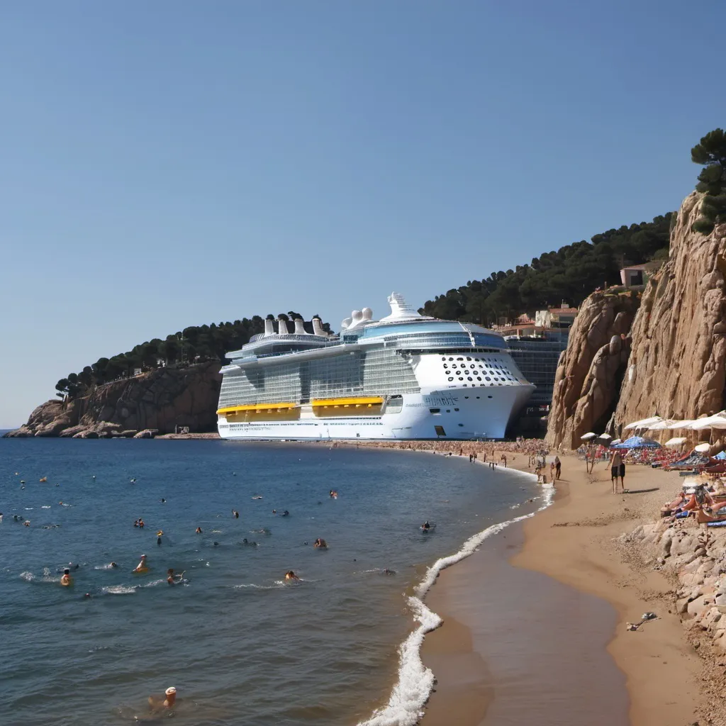 Prompt: Allure Of The Seas seen from Tossa de Mar beach