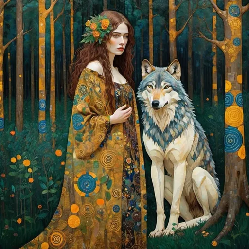Prompt: Woman forest wolf style of Klimt 