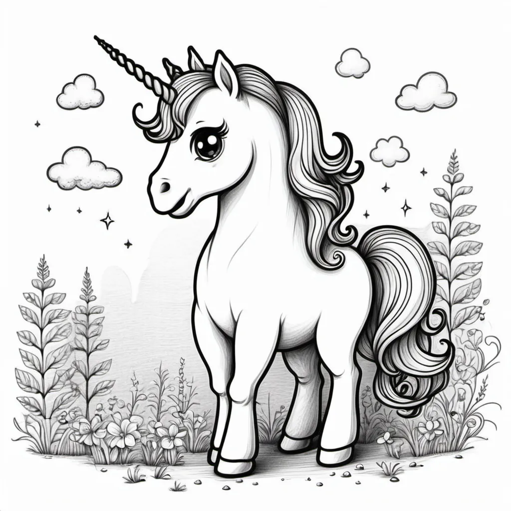 Prompt: unicorn black and white drawing drawing lines cartoon cute scene