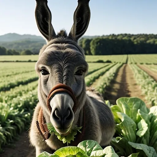 Prompt: A happy donkey eating lettuce in a field