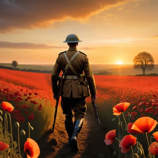 Prompt: A medium to far away photo of a WW1 soldier walking through a poppy field alone while a golden sunset sets over the horizon realistic 