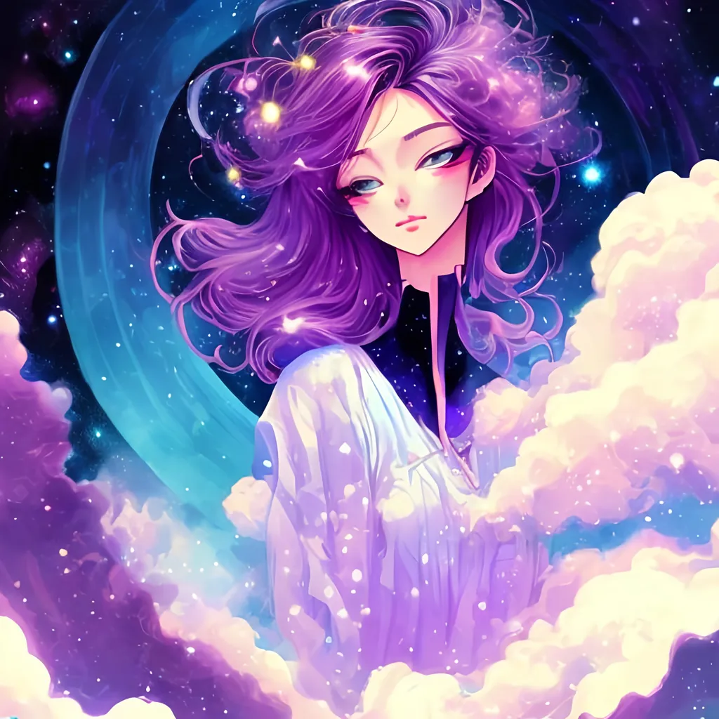 Prompt: anime illustration, high quality, of a beautiful woman, floating in space, purple slim dress, cosmic background, detailed hair and eyes,  anime style, cosmic color tones, ethereal lighting