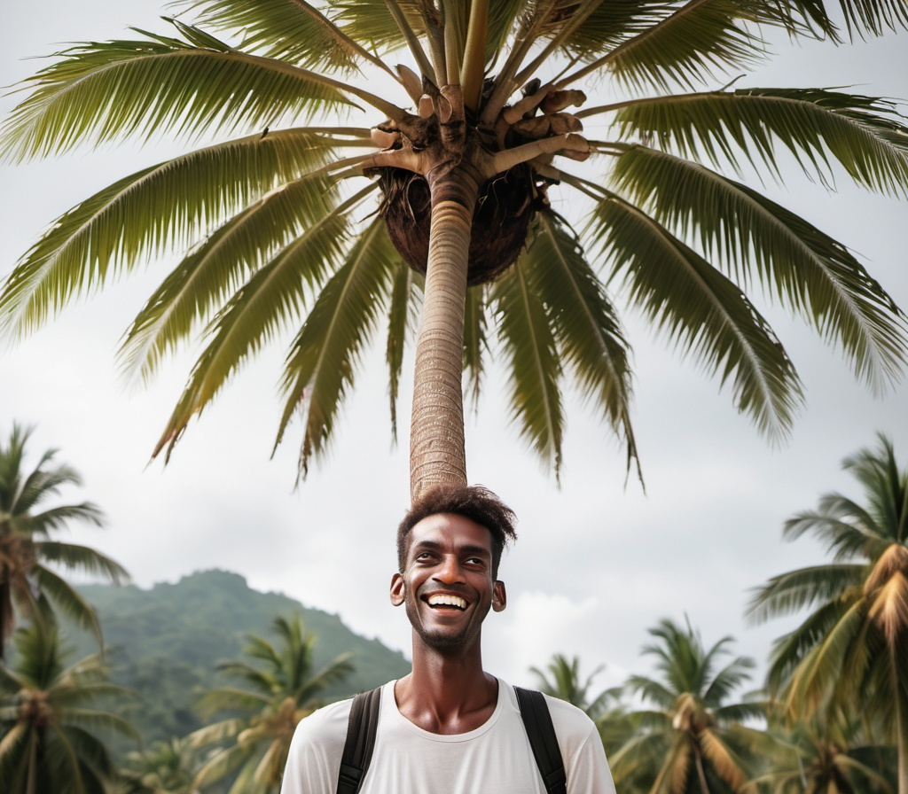 Prompt: A tall men with happy face standing under a coconut tree