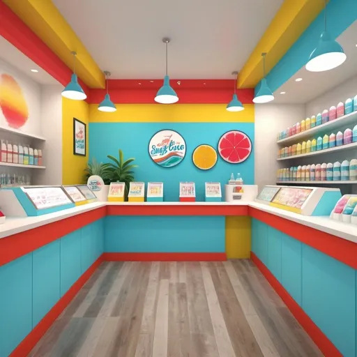 Prompt: make me a rendering from inside a trendy surf inspired southern California shave ice store that mainly uses primary colors