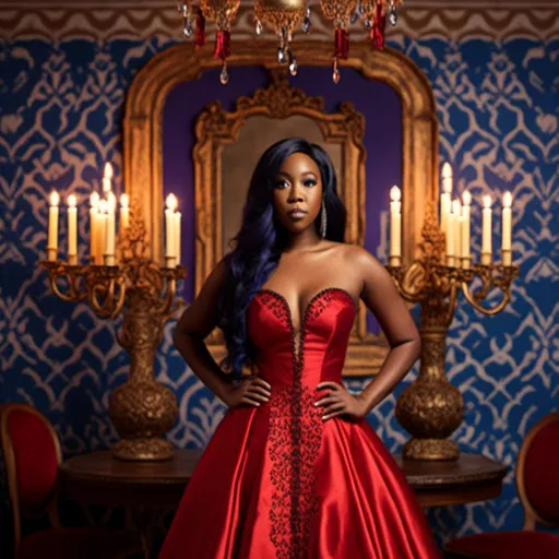 Prompt: <mymodel> , realistic photography, in a red cut out gown, in antique dining room, antique candelabra, blue wallpaper, chandelier, 85mm lens,f8, photography, ultra details