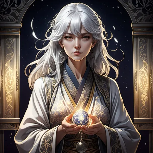 Prompt: tarot card Anime illustration, a silver-haired woman, detailed ornate cloth robe, dramatic lighting