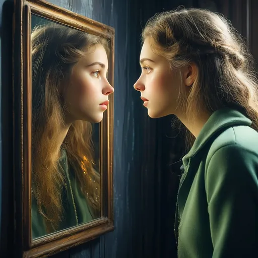 Prompt: (realism style), warm color scheme, a girl gazing at herself in a beautifully ornate mirror, (Celia Fiennes) concept, magical realism elements, serene expression, intricate details of the mirror, soft ambient lighting, vibrant highlights on the girl's features, clean and professional aesthetic, character portrait, captivating and dreamy atmosphere, ultra-detailed, high-quality image, enchanting backdrop.