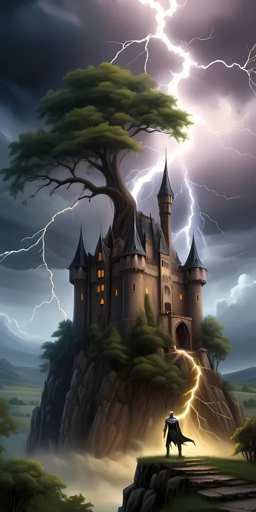 Prompt: a man standing in front of a tree with a lightning bolt in the sky above it and a castle in the background, Anne Stokes, fantasy art, matte fantasy painting, a detailed matte painting