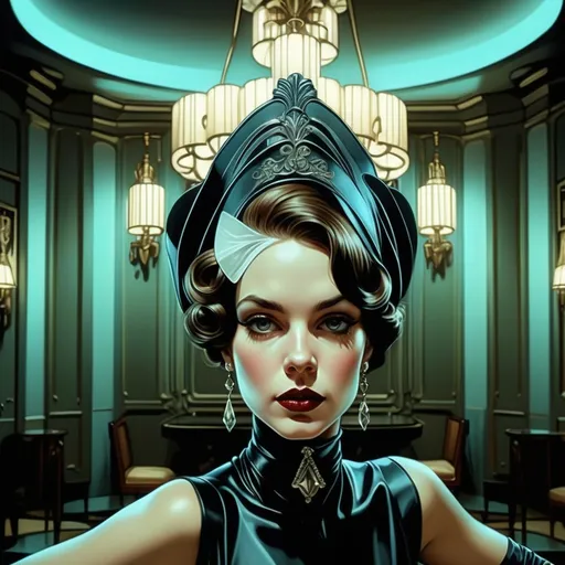 Prompt: (central content: woman in a black dress and gloves), (Luxurious room), chandeliers and wall lamps, (art deco style), (freedom of expression), (elegant posture), dramatic lighting casting rich shadows, intricate details and patterns, (J.C. Leyendecker inspired), (comic book panel design), vibrant color contrast, (highly detailed), 8K ultra-resolution, cinematic ambiance.