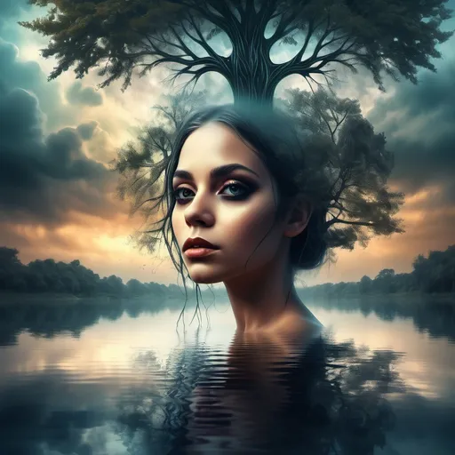 Prompt: (woman with a tree in her face), (reflection of a tree in water), atmospheric sky background, (highly detailed) digital painting, airbrush technique, (gothic art style), rich textures, enchanting mood, ethereal lighting, deep contrast between elements, vibrant hues blending subtly, intricate details throughout, immersive environment, inspiring artistry, elegant aesthetics, (4K quality).