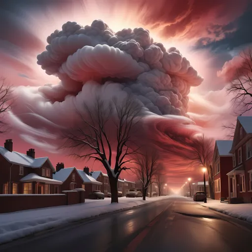 Prompt: Photorealistic image, a long cloud dramatically hovering over a snowy landscape at night, illuminated by a warm street light in the foreground, vibrant red sky contrasting against dark shades, a masterpiece of art photography blended with airbrush techniques, colorful clouds swirling, conveying a sense of tranquil solitude and chilling beauty, ultra-detailed, captivatingly moody ambiance.