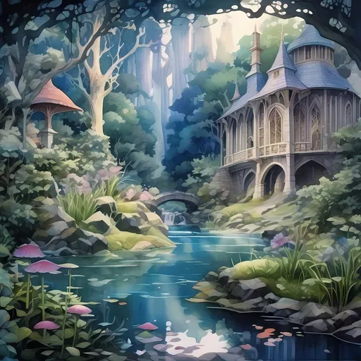 Prompt: a painting of a castle in the woods with a stream running through it and a bridge in the middle, Anne Stokes, fantasy art, kinkade, a detailed matte painting