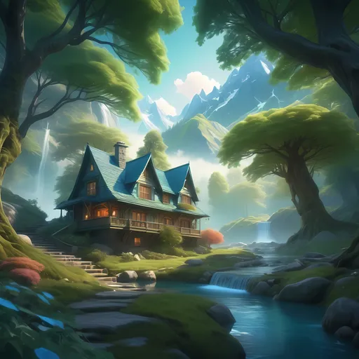 Prompt: (detailed matte painting), enchanting house in the woods, majestic mountain in the background, serene stream flowing through, (fantasy art), vibrant color palette with lush greens and cool blues, soft and ethereal lighting creating a dreamy atmosphere, meticulously crafted details showcasing nature's beauty, (high quality 4K), captivating and tranquil scene, inviting and immersive ambiance.