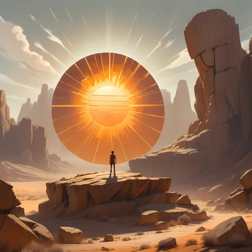 Prompt: Man standing confidently in front of a colossal sun, vast desert landscape, rugged rocks and scattered trees below, vibrant golden rays illuminating the scene, Anato Finnstark style, stunning fantasy art aesthetic, mysterious cave paintings adorning rock surfaces, otherworldly atmosphere, warm hues mixed with deep shadows, ultra-detailed, cinematic composition, dreamlike quality, expansive sky blending into the horizon, evoking a sense of wonder and adventure.