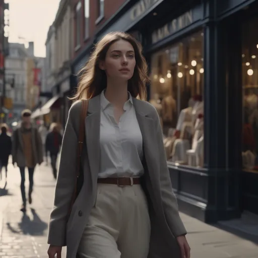 Prompt: (tall young woman walking down high street), detailed stylish clothing, (realistic), natural soft lighting, vibrant street scene, dynamic surroundings, captivated passerby, urban atmosphere, high quality, (4K), bustling environment, rich textures in fabrics, varied storefront backgrounds, engaging details of city life.