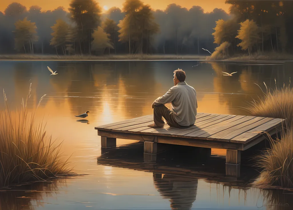 Prompt: Metaphysical painting of a man sitting quietly on a rustic dock in a serene lake at sunset, with warm golden hues splashing across the sky, tranquil atmosphere, birds gracefully soaring overhead, natural reflections in the water, fine art painting style, ultra-detailed, capturing the essence of peace and introspection, harmonious color palette.