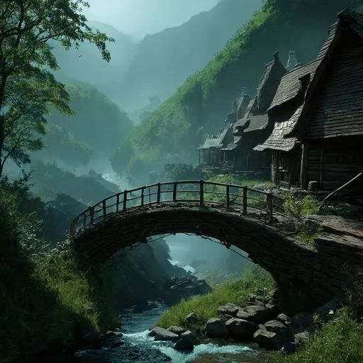 Prompt: small settlement, (foggy atmosphere), (dramatic fantasy scene), river flowing through, intricate wooden bridge, (cinematic lighting), lush green hills in the distance, mysterious silhouettes, enchanting ambiance, ethereal light beams filtering through fog, high depth, ultra-detailed, capturing a moment of tranquility and mystery.