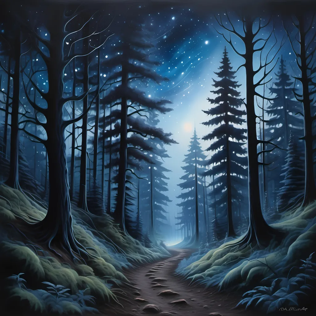 Prompt: Realistic forest painting, cool color scheme, twilight star-filled sky, silvery and deep blues, dark silhouettes of trees in the foreground, winding trail leading center, Anato Finnstark inspiration, airbrush technique, ethereal ambiance, cosmic elements seamlessly blended, ultra-detailed, masterpiece quality, serene and mystical atmosphere, showcasing deep space elements, engaging and inviting scene.