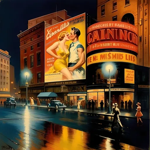 Prompt: City street, a couple kissing in the rain at night, vibrant reflections on wet pavement, romantic ambiance, enchanting atmosphere, vintage movie poster in the background, Art Frahm style, American scene painting, Enoch Bolles influence, art deco aesthetics, rich colors with dramatic contrasts, ultra-detailed, masterpiece quality, captivating emotional tone, warm streetlights illuminating the scene, high-quality, cinematic capture.